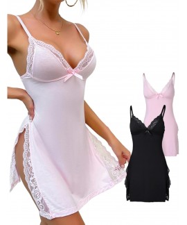 Lace Trim Side Slit Modal Cami Sleep Dress for Women - Cute Nightgown Loungewear