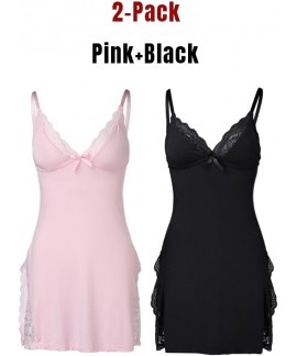 Lace Trim Side Slit Modal Cami Sleep Dress for Women - Cute Nightgown Loungewear