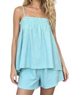Women Gingham 2 Piece Lounge Set Sleeveless Babydoll Cami Peplum Top Plaid Shorts Pajama Loose Ruffle Sets