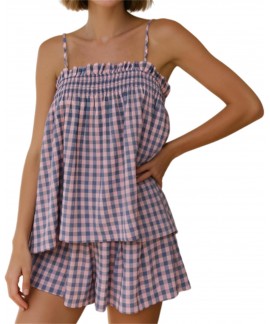 Women Gingham 2 Piece Lounge Set Sleeveless Babydoll Cami Peplum Top Plaid Shorts Pajama Loose Ruffle Sets