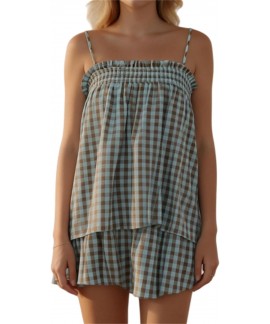 Women Gingham 2 Piece Lounge Set Sleeveless Babydoll Cami Peplum Top Plaid Shorts Pajama Loose Ruffle Sets