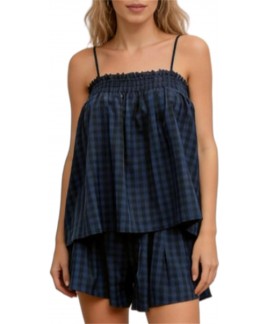 Women Gingham 2 Piece Lounge Set Sleeveless Babydoll Cami Peplum Top Plaid Shorts Pajama Loose Ruffle Sets