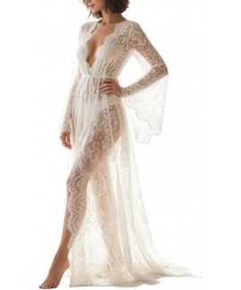 Extra Ivory White Floor-Length Lace Robe - Dramati...