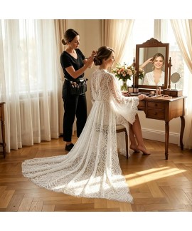 Extra Ivory White Floor-Length Lace Robe - Dramatic Wedding Morning Getting Ready Robe for Bride