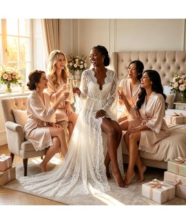 Extra Ivory White Floor-Length Lace Robe - Dramatic Wedding Morning Getting Ready Robe for Bride