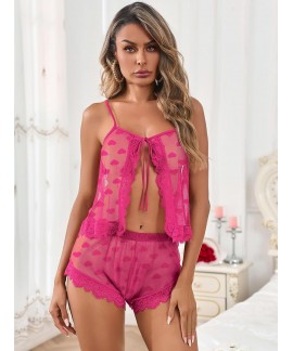Sexy Lace Bridal Short Pajamas Set - Adjustable Straps, Tie Closure, Sheer Nightwear for Women