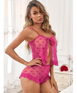 Sexy Lace Bridal Short Pajamas Set - Adjustable Straps, Tie Closure, Sheer Nightwear for Women