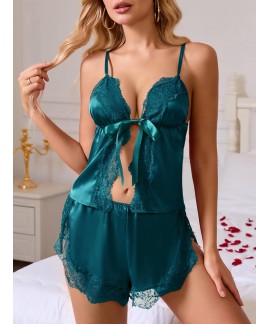 Sexy Front Tie Pajamas Lingerie Set - Ruffle V Neck Lace Sleepwear Cami & Shorts Set