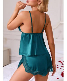 Sexy Front Tie Pajamas Lingerie Set - Ruffle V Neck Lace Sleepwear Cami & Shorts Set
