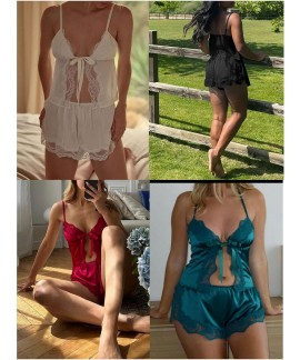 Sexy Front Tie Pajamas Lingerie Set - Ruffle V Neck Lace Sleepwear Cami & Shorts Set