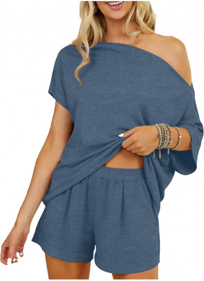 2 Piece Short Sets for Women Sexy Lounge Pjs Cute Batwing Off Shoulder Top Shorts Pajamas Summer Outfits
