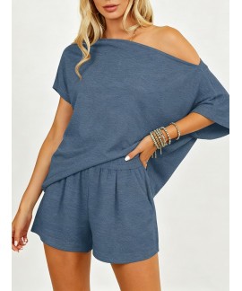 2 Piece Short Sets for Women Sexy Lounge Pjs Cute Batwing Off Shoulder Top Shorts Pajamas Summer Outfits