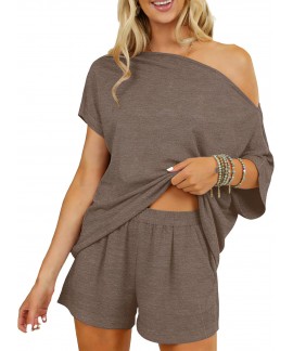 2 Piece Short Sets for Women Sexy Lounge Pjs Cute Batwing Off Shoulder Top Shorts Pajamas Summer Outfits