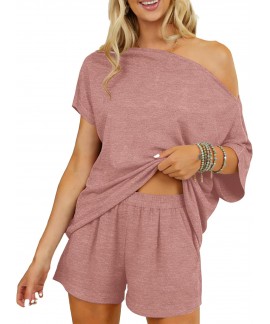 2 Piece Short Sets for Women Sexy Lounge Pjs Cute Batwing Off Shoulder Top Shorts Pajamas Summer Outfits