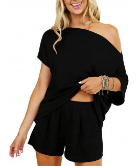 2 Piece Short Sets for Women Sexy Lounge Pjs Cute Batwing Off Shoulder Top Shorts Pajamas Summer Outfits