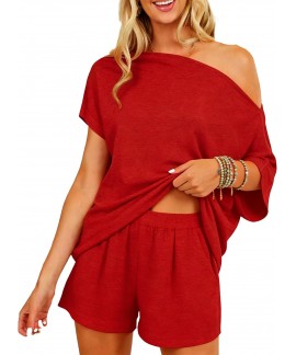 2 Piece Short Sets for Women Sexy Lounge Pjs Cute Batwing Off Shoulder Top Shorts Pajamas Summer Outfits