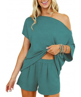 2 Piece Short Sets for Women Sexy Lounge Pjs Cute Batwing Off Shoulder Top Shorts Pajamas Summer Outfits