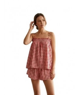 Women Gingham 2 Piece Lounge Set Sleeveless Babydoll Cami Peplum Top Plaid Shorts Pajama Loose Ruffle Sets
