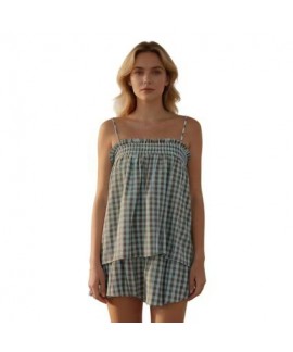 Women Gingham 2 Piece Lounge Set Sleeveless Babydoll Cami Peplum Top Plaid Shorts Pajama Loose Ruffle Sets