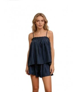 Women Gingham 2 Piece Lounge Set Sleeveless Babydoll Cami Peplum Top Plaid Shorts Pajama Loose Ruffle Sets