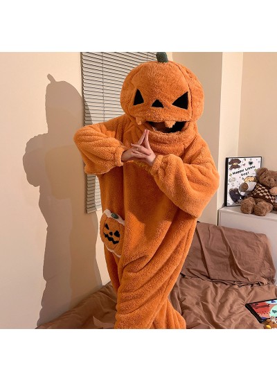 Funny Pumpkin Onesie Pajamas for Kids, Coral Fleece Sleepwear, Boys Girls Ages 8+