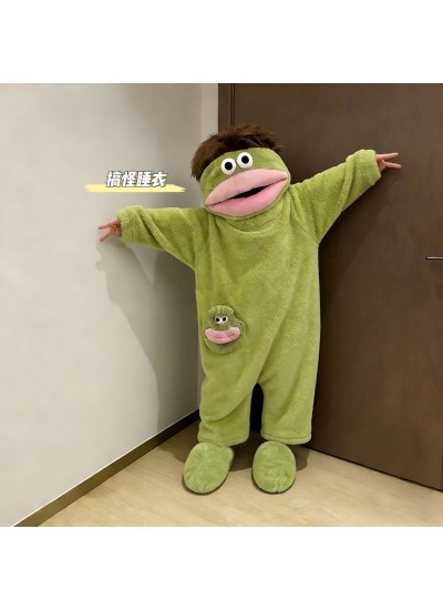 Cartoon Funny Big Mouth Fleece Onesie Pajamas for Kids, Warm Winter Lounge Wear with Comb
