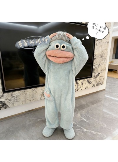Cartoon Funny Monster Fleece Onesie Pajamas for Kids Winter Thick Warm Sleepwear with Comb