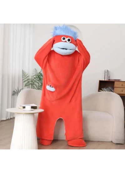 Cartoon Monster Fleece One-Piece Pajamas for Kids - Funny Big Mouth Costume Sleepwear with Comb, Warm Winter Lounge Wear