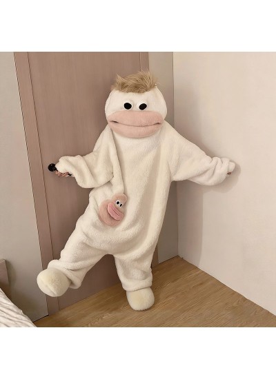 Cartoon Funny Monster Face Fleece Onesie Pajamas for Kids, Warm Winter One-Piece Sleepwear with Comb