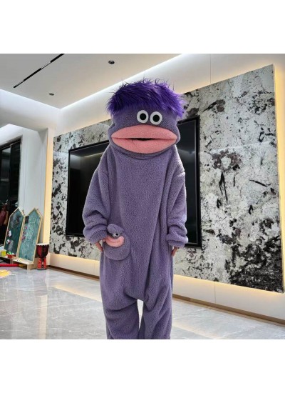 Cartoon Funny Monster Face Fleece Onesie Pajamas for Kids Winter Warm Sleepwear with Comb
