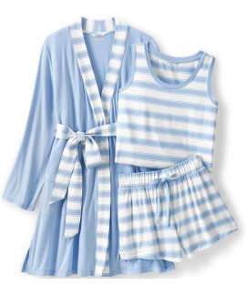 Cooling Jersey 3-Piece Pajama Set for Women with Robe, Tank & Shorts