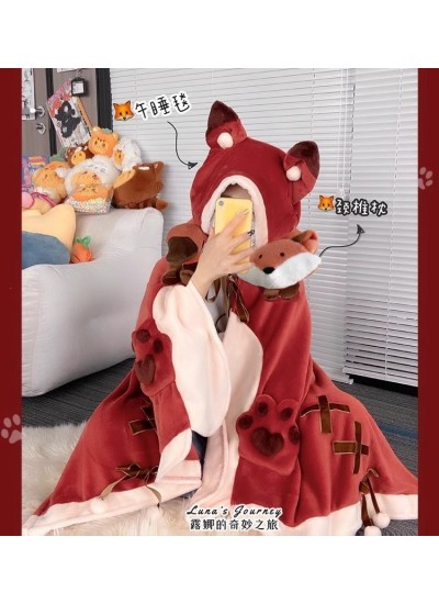 Cozy Hooded Fleece Cape Blanket Poncho for Women Men - Cartoon Highland Cow Red Fox Design, Warm Loungewear