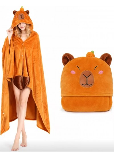 Cozy Flannel Hooded Cape Blanket Poncho for Adults - Cartoon Animal Design, Warm & Soft Loungewear for Couples