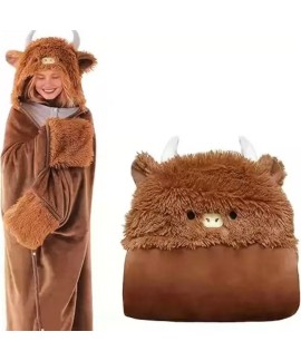 Cozy Hooded Fleece Cape Blanket with Sleeves - Cartoon Animal Poncho for Adults Unisex