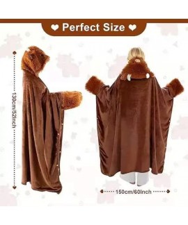 Cozy Hooded Fleece Cape Blanket with Sleeves - Cartoon Animal Poncho for Adults Unisex