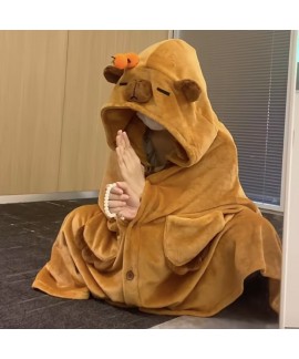Cozy Hooded Fleece Cape Blanket with Sleeves - Cartoon Animal Poncho for Adults Unisex