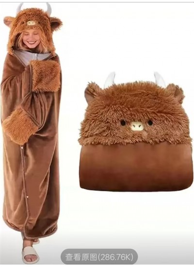 Cozy Hooded Fleece Blanket Cape for Couples - Cartoon Highland Cow Poncho, Warm Lounge Wear