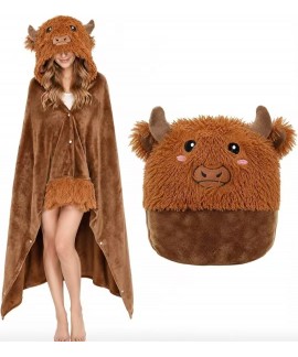 Flannel Hooded Cow Cape Blanket Poncho for Adults,...