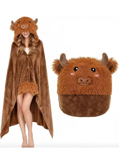 Flannel Hooded Cow Cape Blanket Poncho for Adults, Cozy Cartoon Animal Wrap, Unisex Warm Loungewear Throw