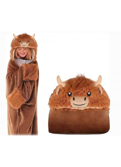 Cozy Faux Fur Hooded Cape Blanket Poncho for Adults, Warm Flannel Throw Wrap for Lounging, Cute Highland Cow Design, Unisex One Size