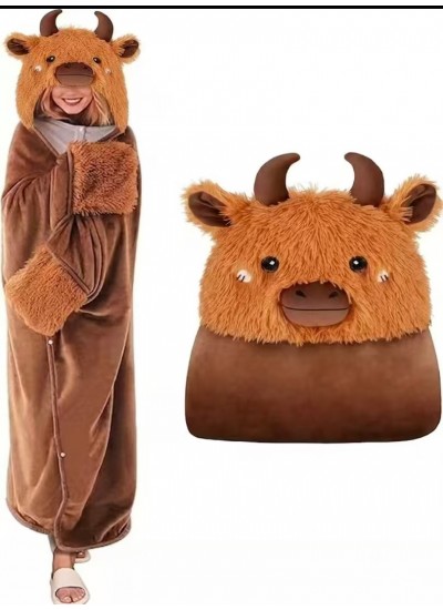Flannel Hooded Cape Blanket Poncho for Women Men, Cozy Warm Animal Costume Loungewear, Cartoon Highland Cow Cape with Sleeves, One Size
