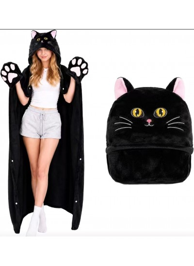 Cozy Hooded Cape Blanket for Adults - Flannel Animal Poncho with Sleeves, Reversible, for Lounging and Sleeping, Black Cat