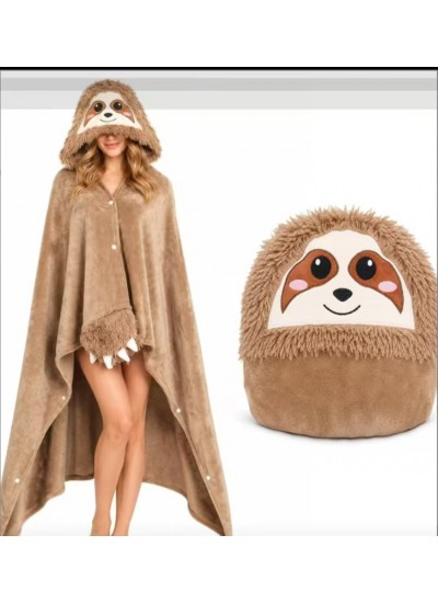 Flannel Hooded Cape Blanket for Adults - Cozy Animal Onesie, Dark Sloth, Unisex Loungewear