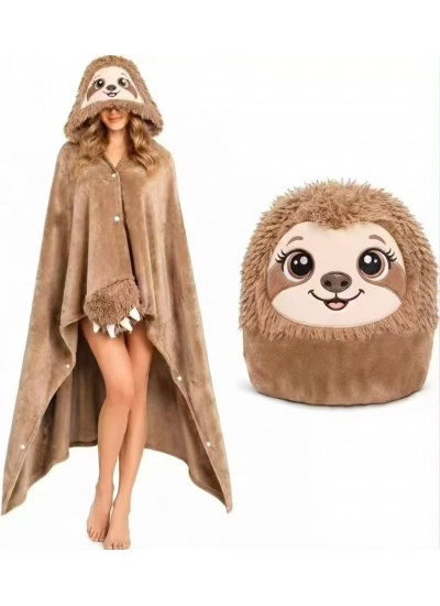 Cozy Flannel Hooded Cape Blanket Poncho for Women Men - Cute Smiling Sloth Design, Warm Lounge Wear, One Size