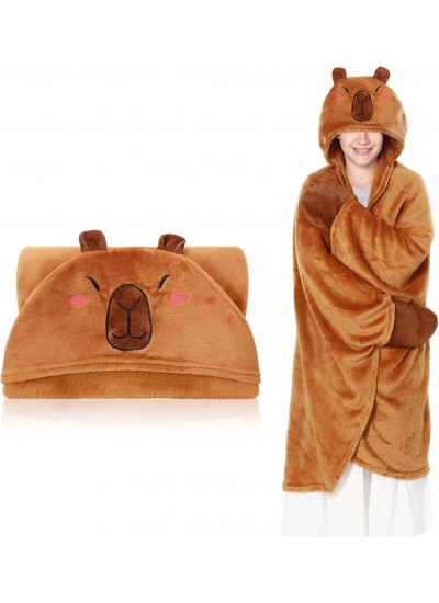 Cozy Flannel Hooded Cape Blanket Poncho for Adults, Cute Smiling Capybara Design, Oversized Warm Wearable Throw for Lounging, Unisex Homewear