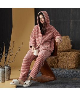 Ultra-Soft Fleece Striped Pajama Set for Women - Warm Cozy Lounge Wear with Collar and Long Sleeves