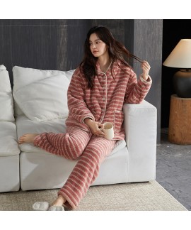 Ultra-Soft Fleece Striped Pajama Set for Women - Warm Cozy Lounge Wear with Collar and Long Sleeves