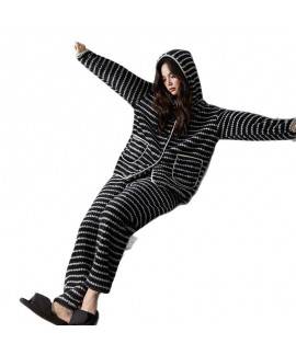 Ultra-Soft Fleece Striped Pajama Set for Women - Warm Cozy Lounge Wear with Collar and Long Sleeves