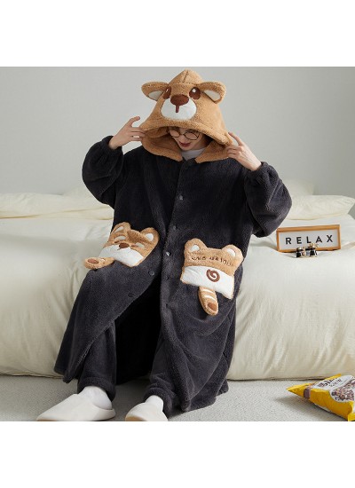 Men's Winter Fleece Bathrobe Set Extra Thick Warm Lounge Wear with Raccoon Print