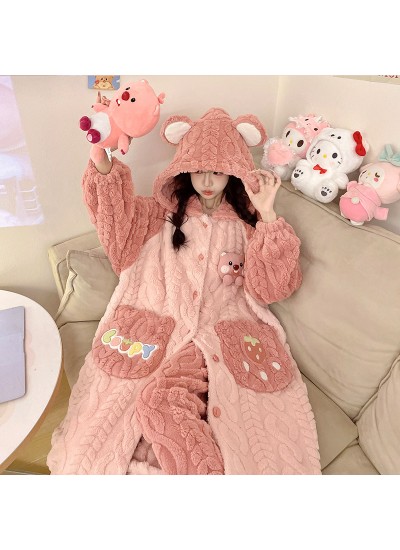 Flannel Fleece Robe for Women Winter 2025 New Cartoon Cozy Sleepwear Set with Orange Beaver Design